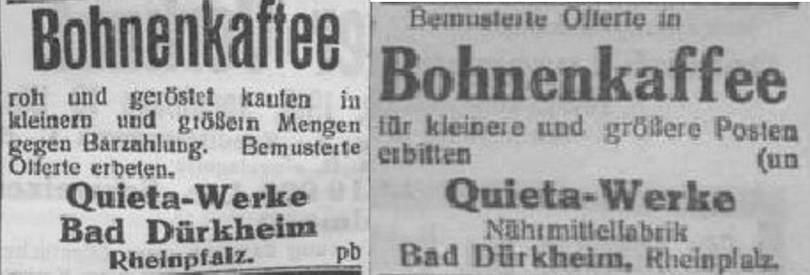 20_Koelnische Zeitung_1916_09_02_Nr894_p4_Ebd_06_22_Nr626_p3_Erster-Weltkrieg_Kaffee_Quieta_Bad-Duerkheim