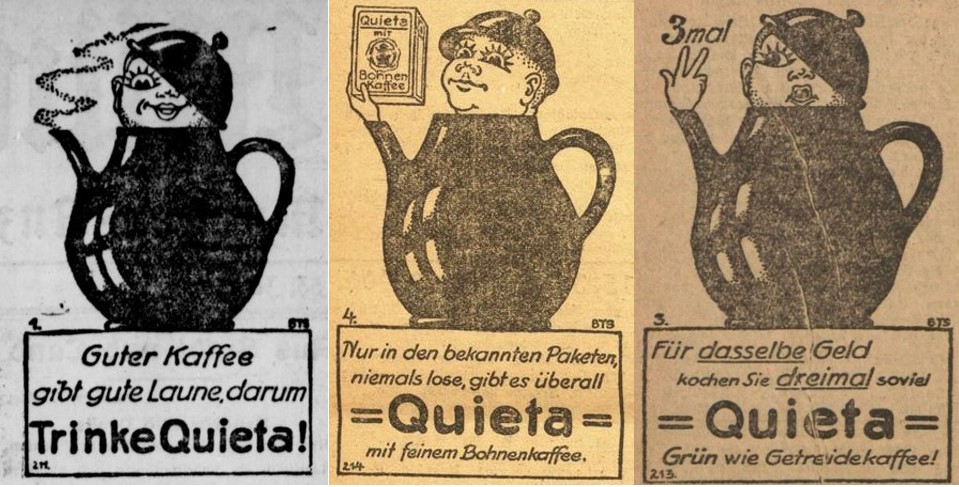 26_Muensterische Zeitung_1923_03_05_Nr087_p2_Badischer Beobachter_1923_03_16_Nr063_p4_Vorwaerts_1923_04_14_Nr178_p8_Ersatzkaffee_Quieta