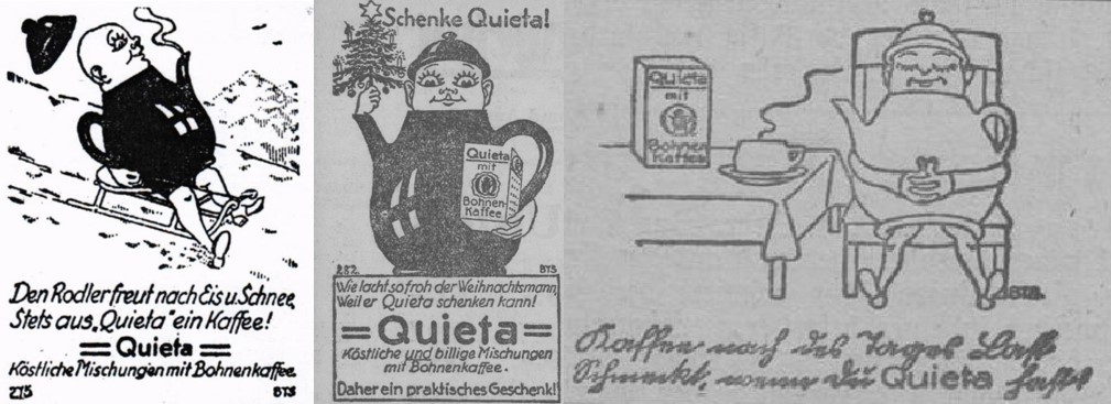 27_Hannoversche Hausfrau_21_1923-24_Nr20_pIII_Muenchener Neueste Nachrichten_1923_12_15_Nr340_p11_Sieg-Post_1924_02_05_Nr030_p4_Ersatzkaffee_Quieta_Kaffeekanne_Gemuetlichkeit