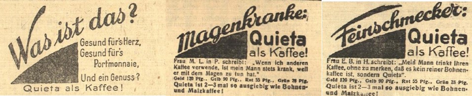 29_Mittelbadischer Kurier_1926_09_18_Nr216_p4_Ebd_11_11_Nr261_p3_Ebd_10_16_Nr240_p7_Ersatzkaffee_Quieta_Magen_Feinschmecker