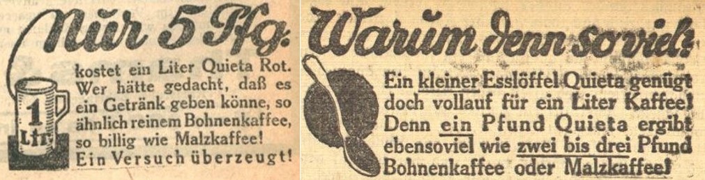 32_Karlsruher Tagblatt_1929_03_07_Nr066_p5_Mittelbadischer Kurier_1929_02_16_Nr040_p5_Ersatzkaffee_Quieta_Sparsamkeit_Ergiebigkeit