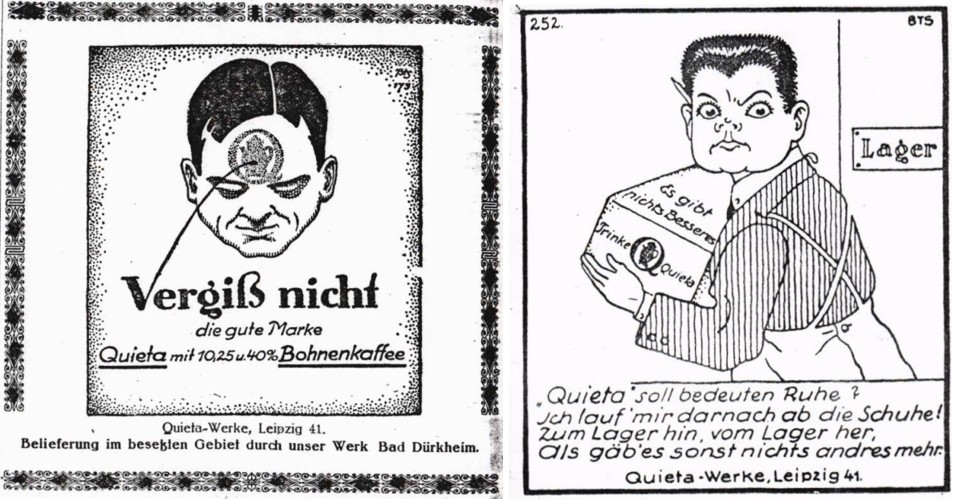 33_Konsumgenossenschaftliche Praxis_12_1923_vorp261_Der Materialist_45_1924_Nr04_p01_Ersatzkaffee_Quieta_Leipzig_Bad-Duerkheim_Einzelhaendler