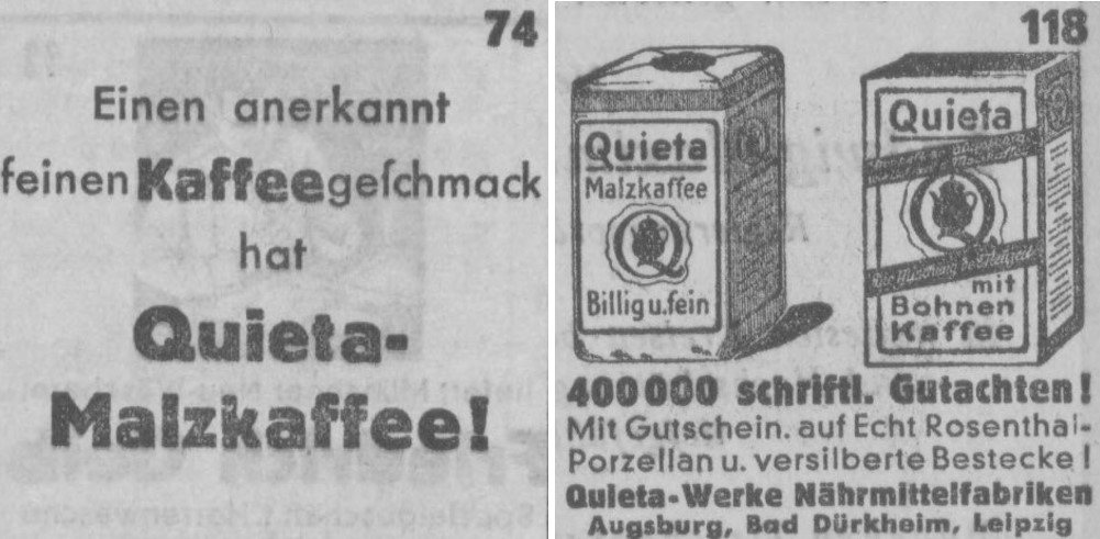 40_Muenchner Neueste Nachrichten_1931_12_04_Nr330_p18_Ebd_09_27_Nr262_p11_Ersatzkaffee_Quieta_Malzkaffee_Verpackung_Gutscheine