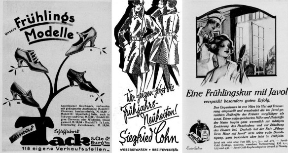 06_Der Welt-Spiegel_1926_03_14_Nr11_p12_Volksstimme_1929_Nr59_p24_Der Weltspiegel_1928_04_01_Nr14_p13_Mode_Frühling_Schuhe_Textilien_Haarpflege