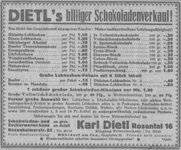 12_Muenchner Neueste Nachrichten_1927_11_25_Nr321_General-Anzeiger_p6_Suesswaren_Weihnachtsgebaeck_Lebkuchen_Dietl_Billig