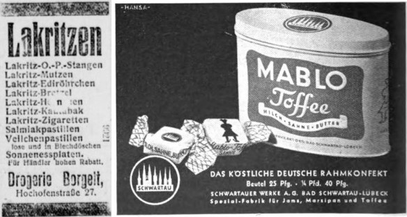 17_Hoerder Volksblatt_1921_07_23_Nr170_p8_Illustrierter Beobachter_07_1932_p830_Drogerie_Suesswaren_Lakritz_Konfekt_Schwartau_Mablo_Toffee_Bonbon