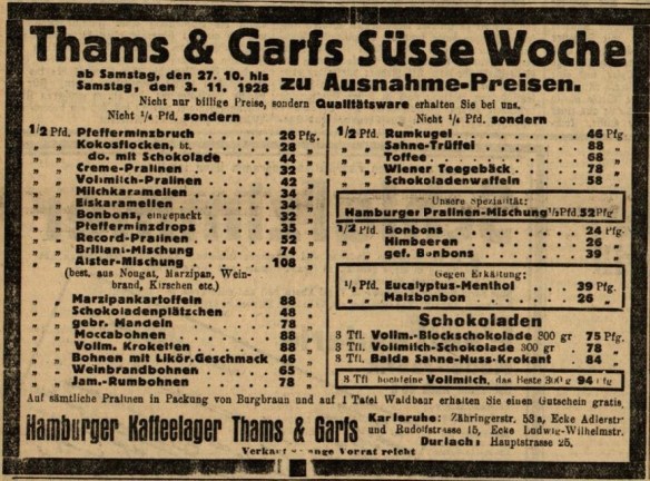 18_Badischer Beobachter_1928_10_28_Nr298_p10_Filialbetrieb_Freiwillige-Kette_Suesswaren_Qualitaet_Thams-Garfs