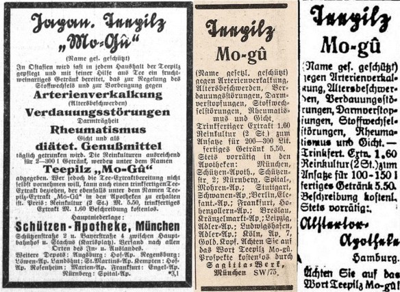 20_Illustrierter Sonntag_1929_07_07_Nr14_p04_Jugend_35_1930_p318_Hamburger Anzeiger_1929_08_23_Nr196_p5_Teepilz_Mo-Gu_Heilmittel_Tee-Extrakt_Sagitta-Werk