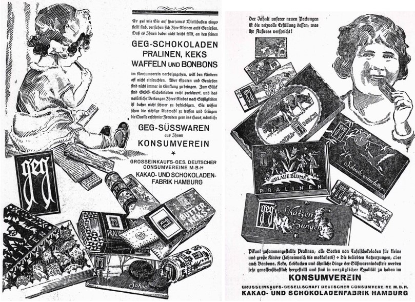 20_Konsumvereinsbote für Rheinland und Westfalen_21_1928_p158_Ebd_20_1927_p166_Konsumgenossenschaften_GEG_Kinder_Suesswaren_Pralinen_Gebaeck_Keks_Bonbons_Waffeln_Schokolade_Katzenzungen