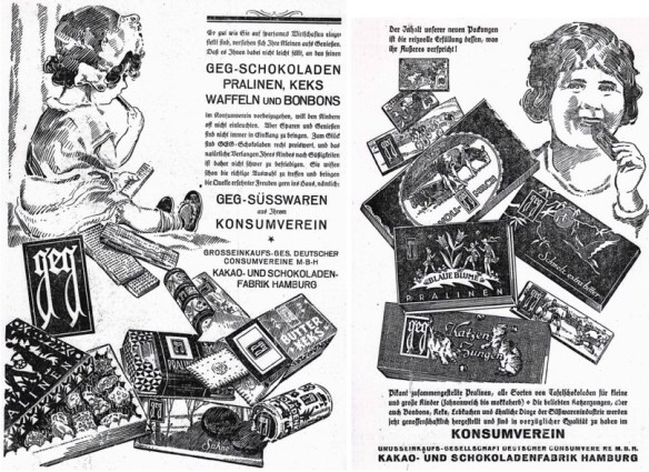 20_Konsumvereinsbote für Rheinland und Westfalen_21_1928_p158_Ebd_20_1927_p166_Konsumgenossenschaften_GEG_Kinder_Suesswaren_Pralinen_Gebaeck_Keks_Bonbons_Waffeln_Schokolade_Katzenzungen