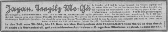 21_Muenchner Neueste Nachrichten_1929_11_06_Nr302_p16_Kombucha_Teepilz_Mo-Gu_Heilmittel_Proben_Muenchen