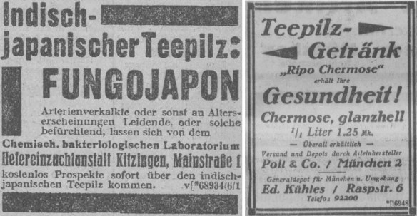 22_Muenchner Neueste Nachrichten_1928_12_30_Nr355_p23_Ebd_02_10_p15_Kombucha_Teepilz_Fungojapon_Getraenke_Ripo_Chermose_Kitzingen
