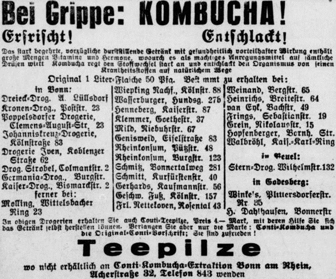 25_Godesberger Volkszeitung_1928_03_02_Nr052_p20_Kombucha_Teepilz_Conti_Getraenke_Grippe_Vertriebsnetz_Bonn
