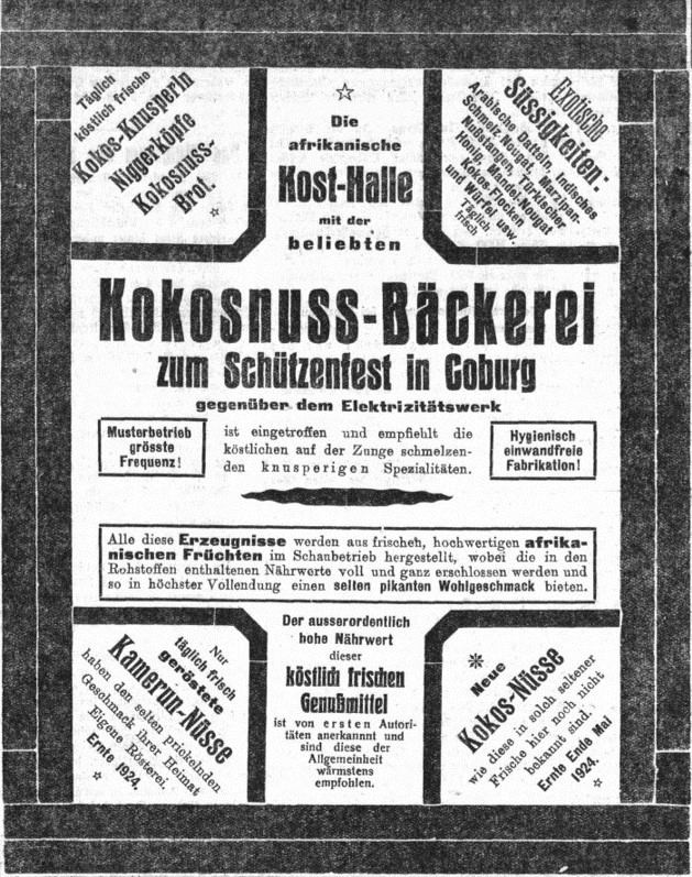 26_Coburger Zeitung_1924_08_07_Nr184_p2_Schuetzenfest_Volksfest_Suesswaren_Kokosnuss_Gebaeck_Afrika