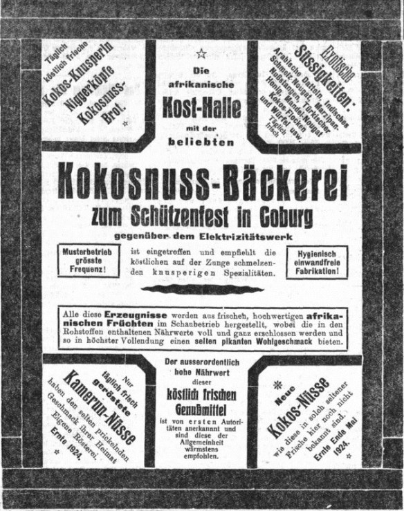 26_Coburger Zeitung_1924_08_07_Nr184_p2_Schuetzenfest_Volksfest_Suesswaren_Kokosnuss_Gebaeck_Afrika