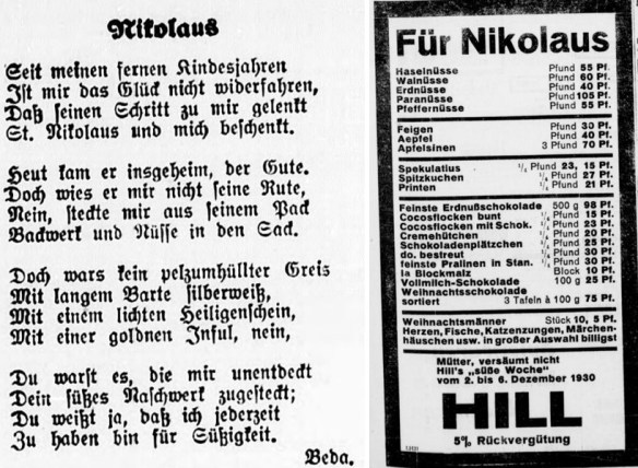 28_Rosenheimer Anzeiger_1924_12_05_Nr283_p09_Bochumer Anzeiger_1930_12_02_Nr282_p13_Nikolaus_Suesswaren_Mann-Frau_Gedicht_Filialbetrieb_Hill_Suesse-Woche