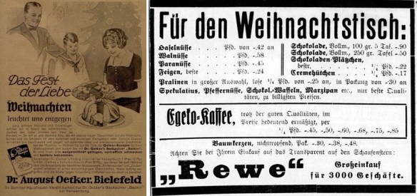 29_Vobachs Frauenzeitung_32_1929_H50_p31_Bergische Landes-Zeitung_1933_12_21_Nr298_p4_Gebaeck_Weihnachtsgebaeck_Kuchen_Weihnachten_Backpulver_Dr-Oetker_Familie_Einkaufsgenossenschaft_Rewe_Schokolade_Nuesse