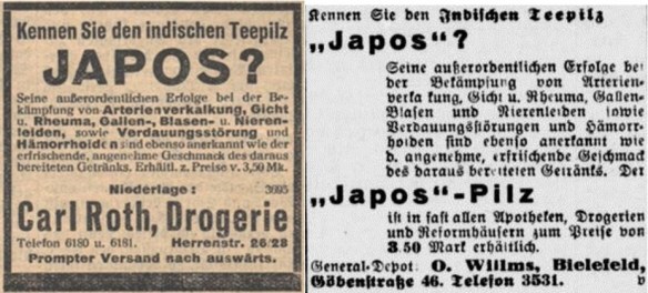 36_Der Fuehrer_1931_01_11_Nr009_p08_Westfaelische Zeitung_1930_10_04_Nr242_p4_Kombucha_Teepilz_Japos_Drogerie