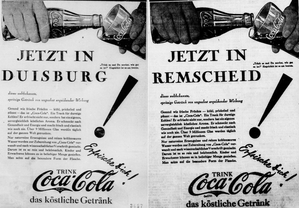 15_DGA_1930_07_12_Nr322_p09_Remscheider General-Anzeiger_1930_12_12_Nr161_p13_Getraenke_Erfrischungsgetraenke_Coca-Cola_Duisburg_Remscheid_Glasflasche