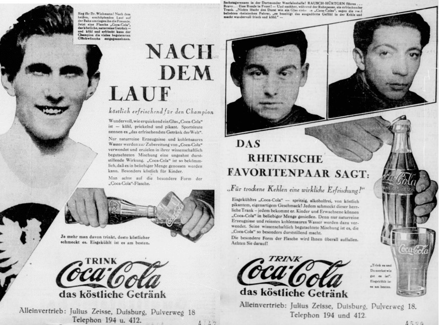 16_DGA. Duisburger General-Anzeiger_1930_08_09_Nr370_p05_Ebd_08_30_Nr406_p09_Getraenke_Erfrischungsgetraenke_Coca-Cola_Prominentenwerbung_Hans-Wichmann_Victor-Rausch_Gottfried-Huertgen