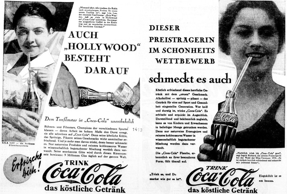 17_Essener Volks-Zeitung_1930_08_22_Nr232_p09_Ebd_08_29_Nr239_p06_Getränke_Coca-Cola_Prominentenwerbung_Hollywood_Lila-Lee_Ruth-Indrid-Richard_Miss-Germany_Slogan