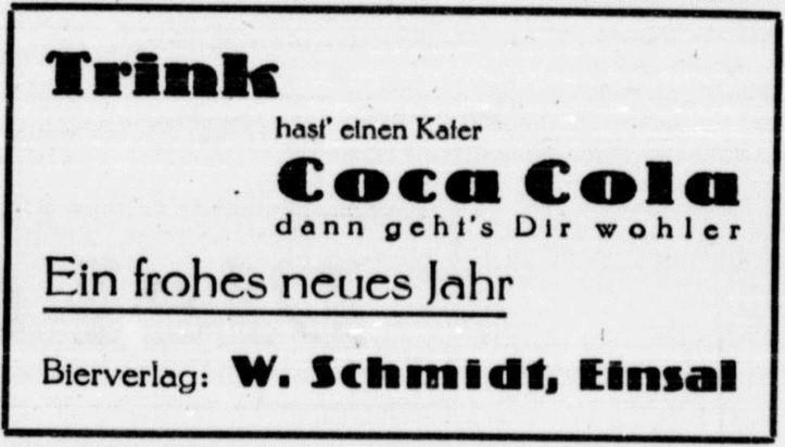 18_Iserlohner Kreisanzeiger_1938_12_31_Nr306_p12_Getraenkehandlung_Bierverlag_Coca-Cola_Kater