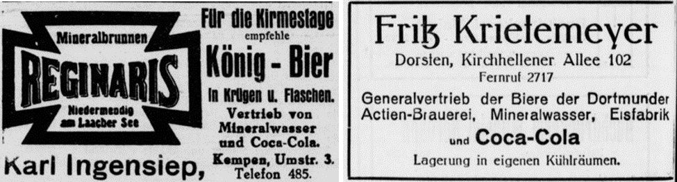 21_Niederrheinisches Tageblatt_1933_09_09_Nr212_p8_Dorstener Volkszeitung_1933_10_21_Nr291_p14_Getraenkehandlung_Mineralwasser_Reginaris_Coca-Cola_Kirmes_Karl-Ingensiep_Fritz-Krietemeyer