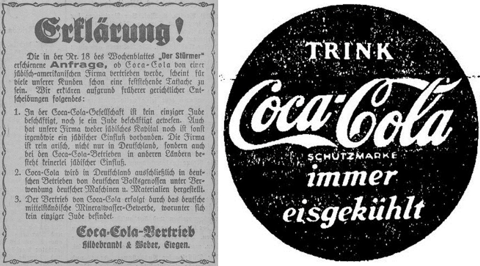 23_National-Zeitung_1935_05_08_Nr108_p12_Der Stuermer_13_1935_Nr28_p11_Getraenke_Erfrischungsgetraenke_Coca-Cola_Stuermer_Juden_Arisch_Nationale-Werbung