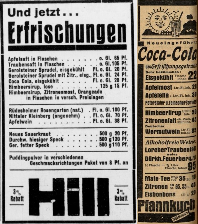 26_Bochumer Anzeiger_1938_08_13_Nr188_p25_Badische Presse_1936_07_20_Nr167_p12_Filialbetrieb_Lebensmittel_Getraenke_Erfrischungsgetraenke_Coca-Cola_Hill_Pfannkuch_Rabatt