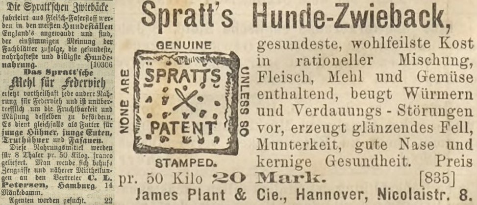 02_Hannoverscher Courier_1873_03_05_Nr5992_p1_Der Sporn_16_1878_p336_Hundekuchen_Spratt_Fleischzwieback_Gefluegelfutter