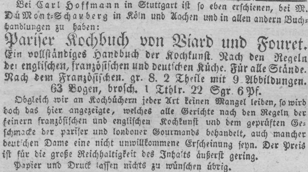 03_Koelnische Zeitung_1829_11_22_Nr255_p4_Kochbuch_Nationalkuechen_Frankreich_Viard-Fouret