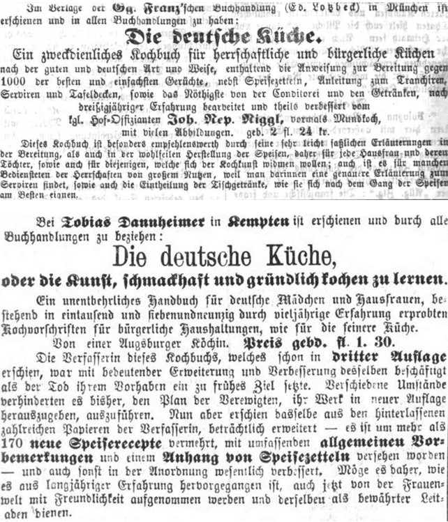 04_Der Bayerische Landbote_1871_11_7_Nr269_p4_Kemptner Zeitung_1874_2_12_Nr35_p3_Kochbuch_Niggl_Elisabetha-Emerich_Deutsche-Kueche
