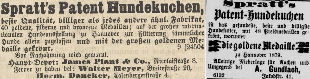 04_Hannoverscher Courier_1879_06_12_Nr9768_p4_Echo der Gegenwart_1880_05_25_Nr138_p5_Hundekuchen_Spratt_Medaillen
