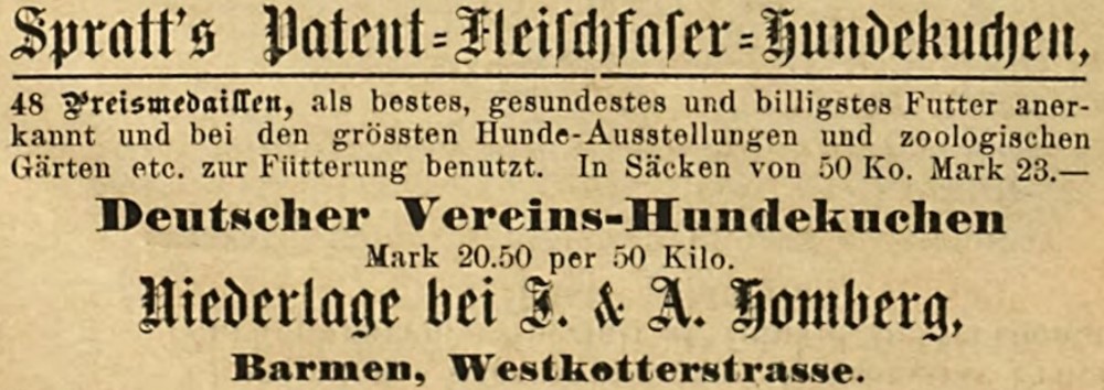 14_Adressbuch aller Länder der Erde der Kaufleute_Bd7a_Westfalen_Ausg9_1884-1886_Nürnberg_sa_pI_Großhandlung_Homberg_Barmen_Hundekuchen_Spratt_Deutscher-Vereins-Hundekuchen