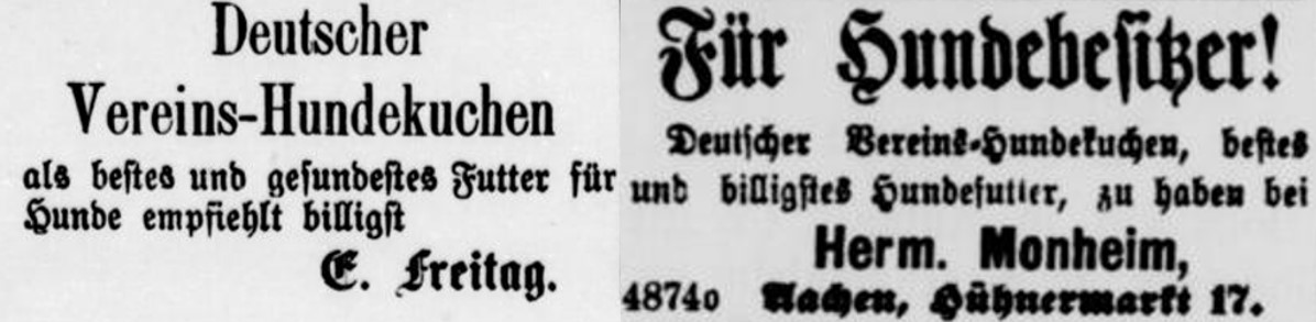 35_Lippisches Volksblatt_1889_10_03_Nr118_p4_Echo der Gegenwart_1891_04_05_Nr081_p7_Hundekuchen_Deutscher-Vereins-Hundekuchen