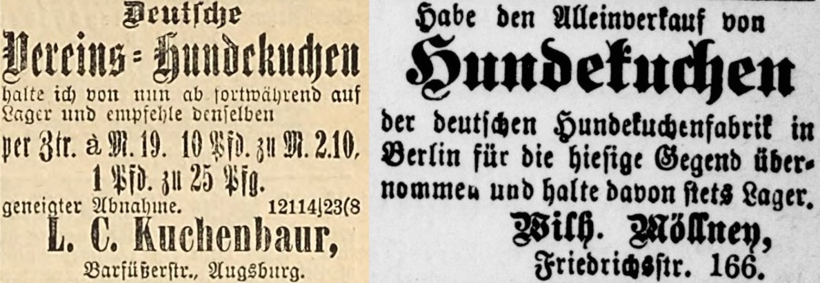 37_Neue Augsburger Zeitung_1889_06_16_Nr139_p11_Velberter Zeitung_1890_01_23_Nr010_p3_Hundekuchen_Deutscher-Vereins-Hundekuchen