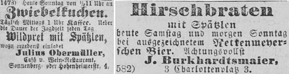 12_Neues Tagblatt_1874_11_08_Nr262a_p2265_ebd_1881_08_14_Nr188_p05_Gaststaette_Spaetzle_Wild_Zwiebelkuchen