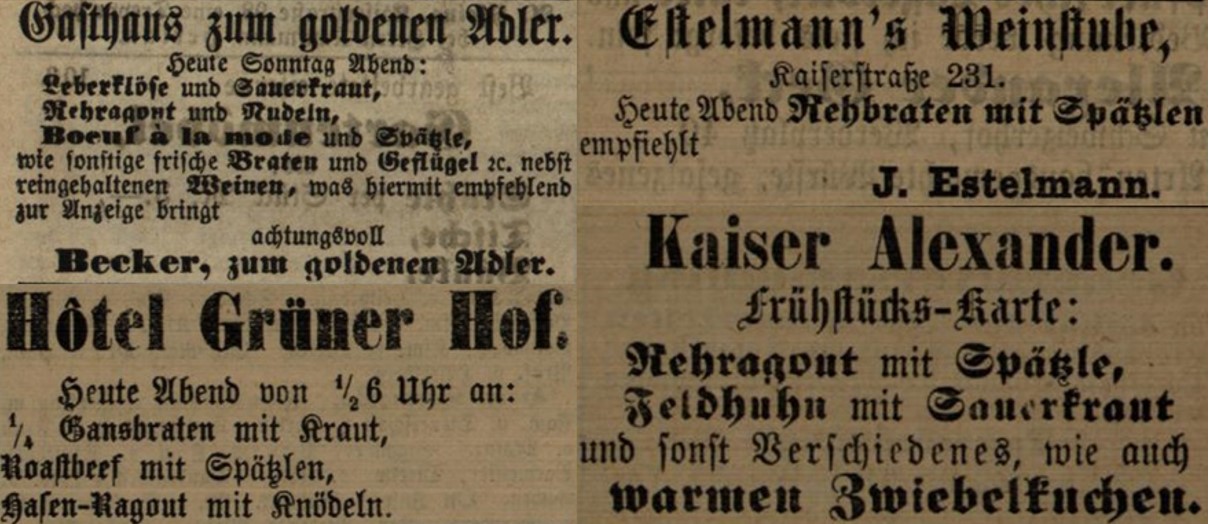 13_Karlsruher Tagblatt_1880_4_11_p834_ebd_1884_9_16_p2729_ebd_9_8_p2635_ebd_1885_12_6_p4097_Gaststaette_Restaurant_Spaetzle