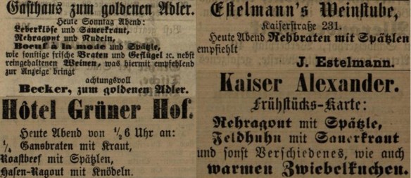 13_Karlsruher Tagblatt_1880_4_11_p834_ebd_1884_9_16_p2729_ebd_9_8_p2635_ebd_1885_12_6_p4097_Gaststaette_Restaurant_Spaetzle