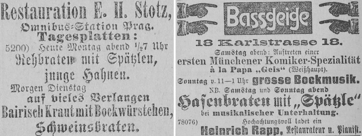 16_Neues Tagblatt_1885_07_28_Nr173_p08_ebd_1899_11_11_Nr265_p05_Gaststaette_Spaetzle_Bajuvarisierung_Bockwuerstchen_Stotz_Bassgeige