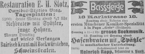 16_Neues Tagblatt_1885_07_28_Nr173_p08_ebd_1899_11_11_Nr265_p05_Gaststaette_Spaetzle_Bajuvarisierung_Bockwuerstchen_Stotz_Bassgeige
