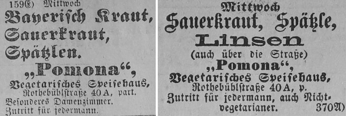 18_Neues Tagblatt_1892_10_26_Nr251_p08_ebd_1893_01_25_Nr020_p07_Vegetarismus_Gaststaette_Pomona_Spaetzle_Stuttgart