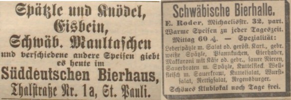 19_Hamburger Echo_1900_08_26_Nr198_p4_ebd_1911_11_22_Nr274_p08_Bierhalle_Gasststaette_Spaetzle_Maultaschen_Regionale-Kueche