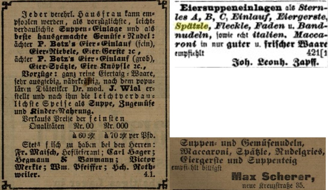 27_Karlsruher Tagblatt_1888_6_16_p2268_ebd_1890_5_13_p2021_Riesaer Volksblatt_1892_5_7_p270_Suppeneinlagen_Teigwaren_Spaetzle_Makkaroni_Betz
