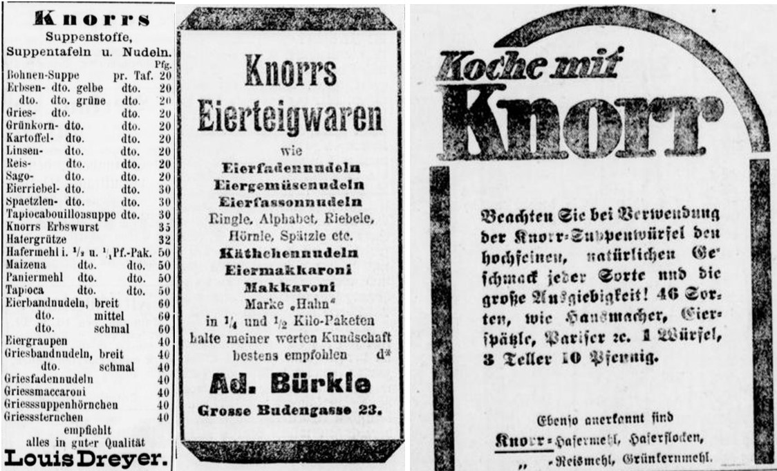 28_Wittener Tageblatt_1893_12_15_p4_ebd_1913_11_3_p6_Koelner Local-Anzeiger_1905_1_12_p3_Suppenpraeparate_Spaetzlesuppe_Teigwaren_Makkaroni_Knorr_Suppennudeln