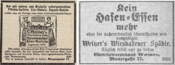 30_Wiesbadener General-Anzeiger_1902_21_11_p6_Wiesbadener Tagblatt_1905_10_31_Abend_p8_Nudeln_Suppennudeln_Hausmacher_Eiernudeln_Spaetzle_C-Weiner_Wiesbaden