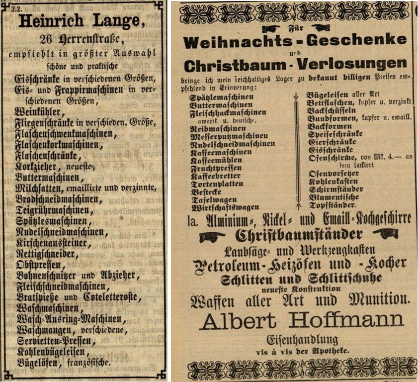 32_Karlsruher Tagblatt_1869_06_17_Nr163_p1254_Der Landbote_104_12_13_Nr146_p4_Haushaltsgeraete_Spaetzlemaschinen_Nudelschneidemaschinen_Eisschrank
