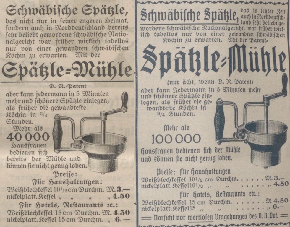 34_Schwaebischer Merkur_1907_12_16_Nr589_Beil_ebd_1910_11_29_Nr555_Beil_Haushaltsgeraete_Spaetzlemuehle_Huenersdorff_Stuttgart