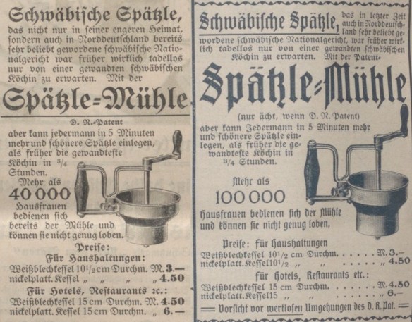 34_Schwaebischer Merkur_1907_12_16_Nr589_Beil_ebd_1910_11_29_Nr555_Beil_Haushaltsgeraete_Spaetzlemuehle_Huenersdorff_Stuttgart