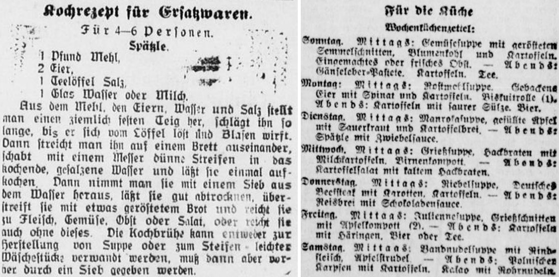 40_Mayener Volkszeitung_1916_07_25_Nr169_p3_Dortmunder Zeitung_1922_01_05_Nr005_p03_Kuechenzettel_Ersatzmittel_Spaetzle_Rezept_Speisen